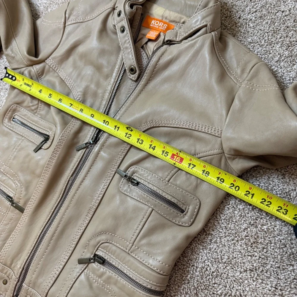 Michael Kors Leather Jacket Women L Tan Beige Vintage Y2K Moto Biker Zip Pocket